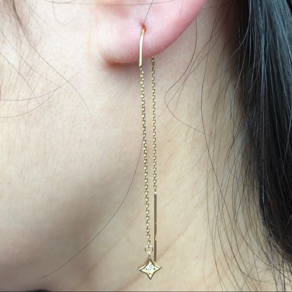 14K Solid Gold Diamond Star Threader Earring - Picture 2 of 5